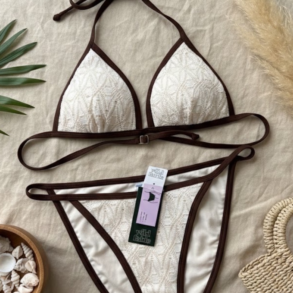 wild fable Cream and Brown Crochet Triangle Bikini Set